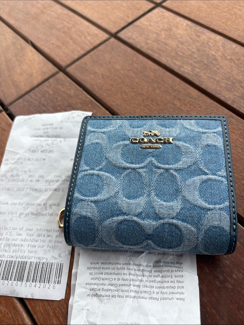 Coach Denim Signature Compact Wallet in Light and Medium Blue
